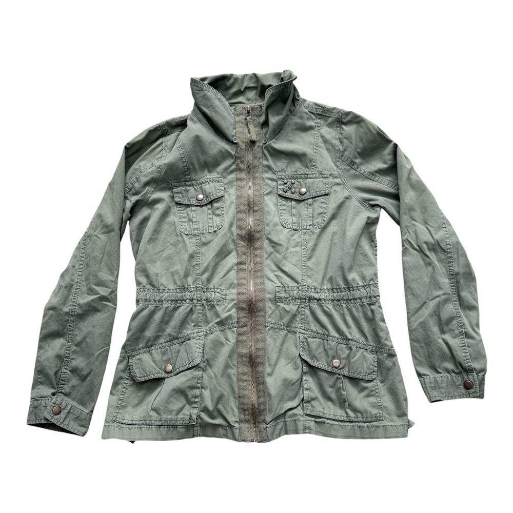 Full Tilt Womens Olive Green Utility Jacket Star Studded Military Field Coat XL